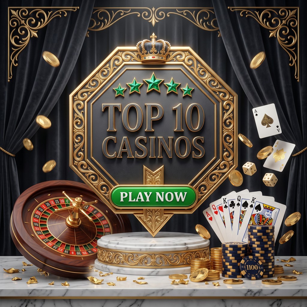 Top 10 Casinos luxury promotion with roulette wheel, cards and poker chips